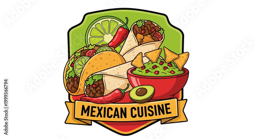 Vibrant illustration of Mexican cuisine showcasing tacos, burritos, nachos with guacamole, and chili peppers arranged against a green and red badge, conveying a delicious and appetizing