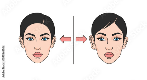 Comparison illustration of a female face showing the difference before and after ear cosmetic surgery also known as otoplasty.