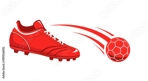 Red Soccer Cleat Kicking a Soccer Ball, Sports Action Illustration