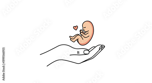 Delicate line art drawing of a human hand gently cradling a small fetus or embryo with a heart symbol above it representing life.