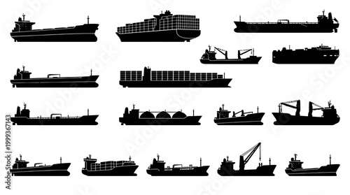 Black  White Silhouettes of Various Cargo Ships