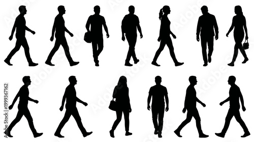 Black  White Silhouettes of People Walking, Vector Art