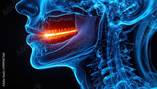 Human Head and Jaw Anatomy Illustration with Nerve Highlighted, Blue Tones