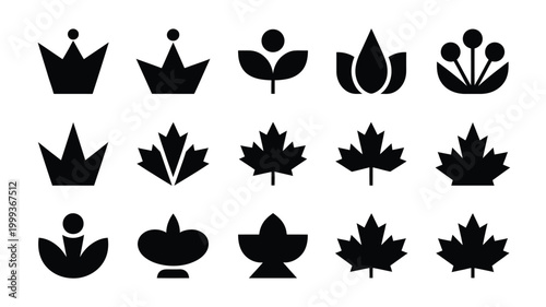 Photos Collection of diverse flat black modern geometric icons including crowns maple l