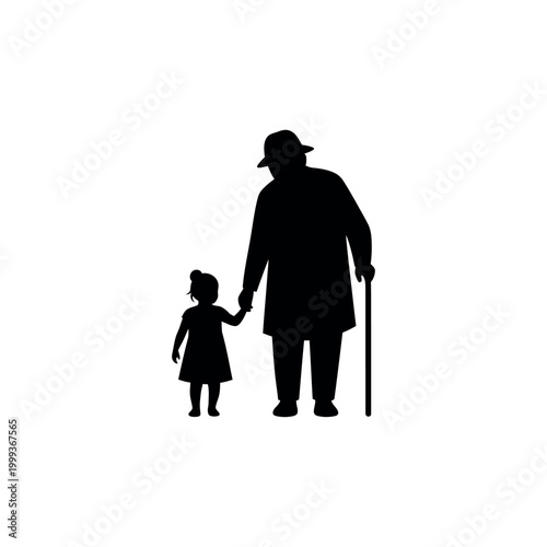 Silhouette of an elderly man holding hands with a young child.