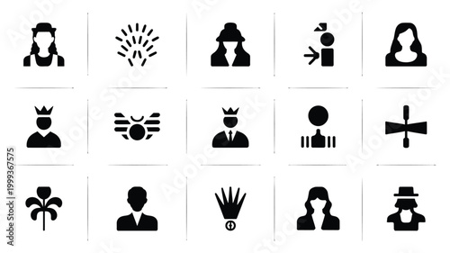 Diverse collection of black and white icons representing people achievements and symbols arranged in a grid layout on a clean white background ideal for web design