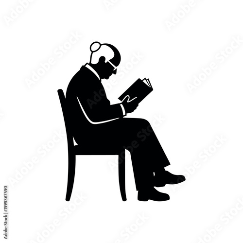 Silhouette of an elderly person reading a book while sitting on a chair.