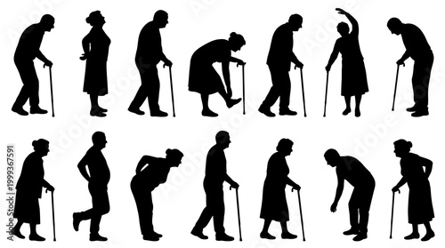 Aging Senior Health Vector Silhouettes: Elderly People with Walking Sticks for Elder Care