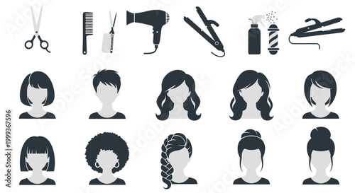 Hair styles and beauty tools icons.