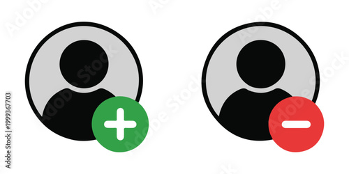 Pair of circular user account icons showing positive addition and negative removal actions for software.