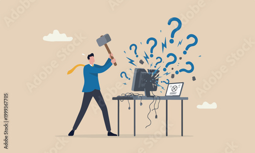 Frustration, stressful or anxiety from overworked or disappointment and mistake concept, frustrated businessman hitting to computer with hammer