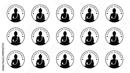 Collection of 15 minimalist black and white circular icons depicting the silhouette of buddha in a meditative pose symbolizing spiritual enlightenment and buddhist celebration