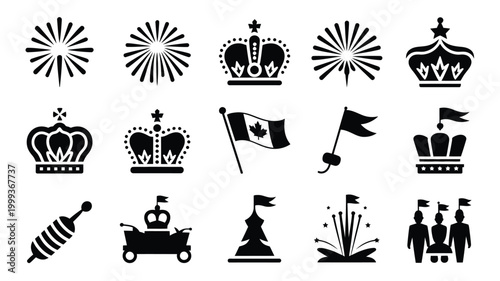Detailed black silhouette icons collection royal crowns canadian flag fireworks military figures and festive elements for celebratory and national themes