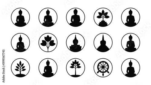 Collection of 15 minimalist black and white icons representing buddha bodhi trees lotus flowers and dharma wheel arranged in a grid for spiritual and cultural themes isolated