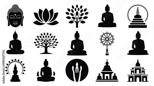 Collection of black silhouette icons representing buddhism spirituality enlightenment meditation and zen buddha lotus flower stupa dharma wheel and bodhi tree isolated on a clean