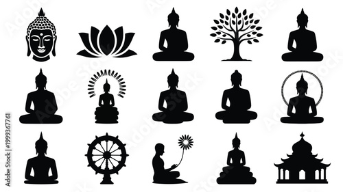 Collection of black silhouette icons representing buddhism and spirituality buddha statues lotus flower dharma wheel sacred tree and temple architecture for meditation