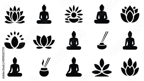 Collection of black silhouette icons representing spirituality and meditation featuring buddha figures in lotus poses blooming lotus flowers and burning incense sticks on a clean