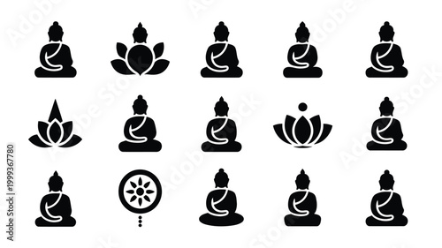 Collection of black silhouette icons representing buddhism meditation and spirituality with lotus flowers and dharma wheel isolated on white background for design projects
