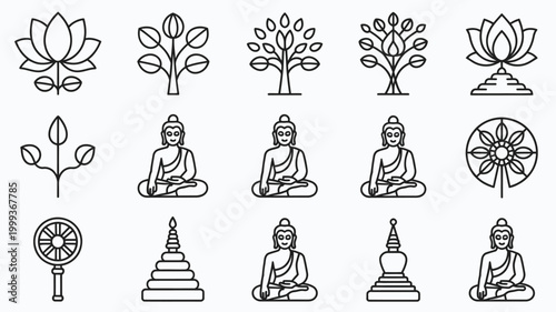 Collection of elegant thin line icons representing buddhism spirituality enlightenment and peace featuring lotus flowers buddha statues stupas and dharmachakra symbols on a subtle