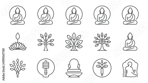 Collection of minimalist thin line icons representing buddhism spirituality enlightenment nature and inner peace perfect for meditation apps yoga studios and wellness websites