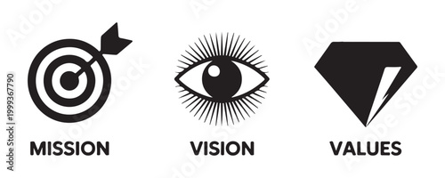 Mission vision values icon set with target eye and diamond. black vector illustration for business concepts.