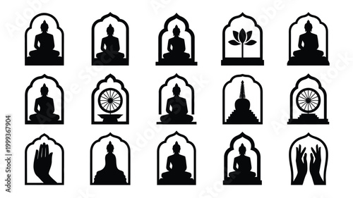 Collection of silhouetted buddhist icons and symbols featuring buddha statues dharma wheels lotus flowers stupas and prayer hands within arched frames representing spirituality