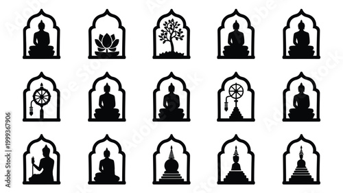 Collection of 15 minimalist black silhouettes of buddha figures sacred symbols and pagodas within arched frames representing spirituality meditation and eastern culture