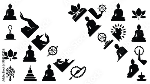 Collection of diverse buddhist icons and symbols representing meditation enlightenment and spirituality featuring buddha silhouettes lotus flowers dharma wheels and prayer beads