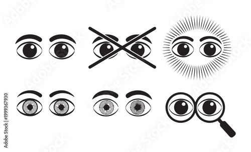 Collection of eye icons showing various states like open, closed, visible, and hidden concepts.