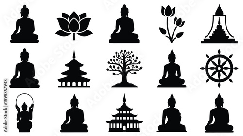 Collection of black silhouette icons featuring buddha statues in meditation lotus flowers pagodas sacred tree and dharma wheel symbol isolated on white background for spiritual
