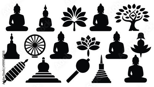 Collection of black silhouette buddhist symbols and icons including buddha statues lotus flowers dharmachakra wheel stupas and bodhi tree for spiritual and meditation concepts