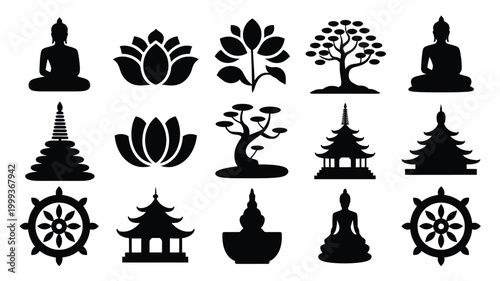 Collection of diverse buddhist and zen symbols including silhouetted buddha statues sacred lotuses pagoda temples dharmachakra wheels and bonsai trees isolated on white background