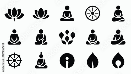 Collection of minimalist black icons representing buddhism meditation and spirituality with lotus flowers buddha silhouettes and dharma wheels on a clean white grid background