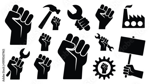 Powerful black silhouette icons of raised fists tools factory and protest sign symbolizing labor rights union power industrial strength social justice and collective action