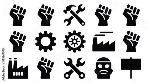 Collection of black silhouette icons representing labor rights industrial power protest and social activism with fist gear factory tools and mask symbols on white background