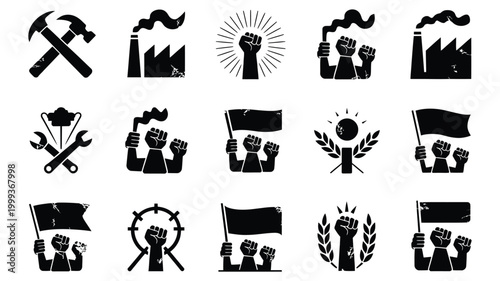 Collection of vintage style black and white icons representing labor industry protest and solidarity with strong fists flags factories and tools on a textured grunge background