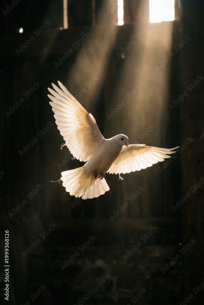 Obraz premium White dove flying through golden sunlight beams in a dark atmospheric setting for spiritual branding, religious celebration and peace concepts with copy space
