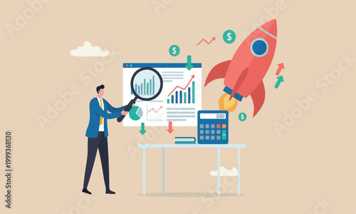 Cost strategy analyze reduce big red rocket cost to gain more profit concept, smart businessman using magnifying glass to analyze cost chart with calculator