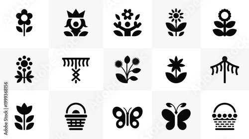 Collection of 15 minimalist may day icons flowers butterflies baskets and festive symbols representing spring nature and celebration with a clean modern aesthetic on a light grid