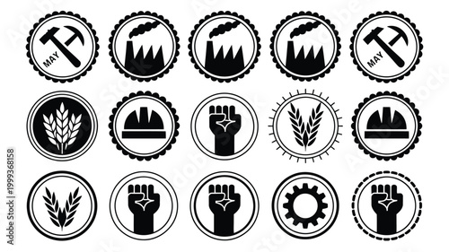 Collection of industrial and labor day icons featuring hammers factories wheat hard hats gears and raised fists in black and white circular emblem style for may day celebrations