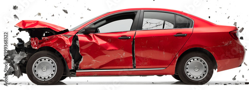Side view of a red wrecked car after accident, transparent background PNG