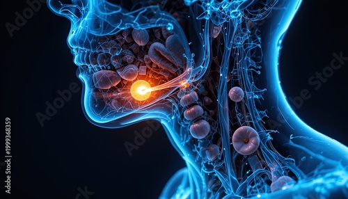 Human Salivary Gland Infection Illustration: Detailed Medical Visual Depicting Sialadenitis with Blue Veins and Highlighted Gland