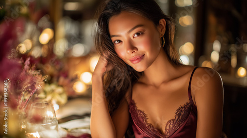 Young woman smiling softly in elegant restaurant during evening  