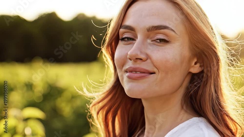Young woman enjoying warm sunset light in a lush green summer field