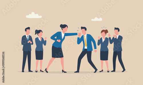 Success businesswoman leader punch a businessman to knockout winning