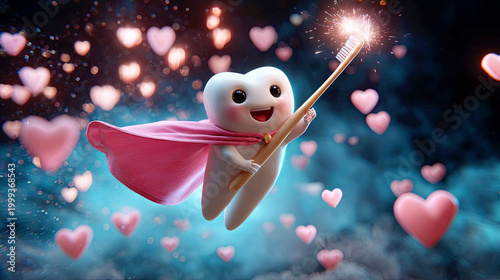 Cute smiling superhero tooth character flying with sparkling toothbrush. Oral hygiene and dental care concept for child health promotion.