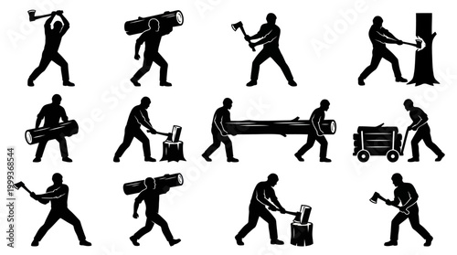 Lumberjack Silhouettes: Chopping, Carrying Wood, Logging Activity Icons