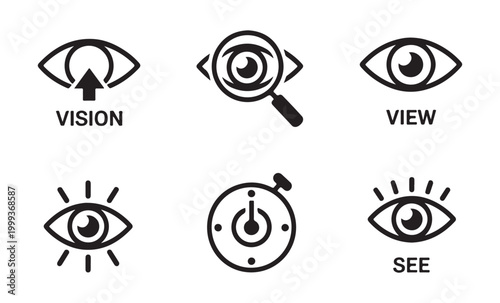 Set of black eye icons representing vision, view, look, and see with various visual elements.