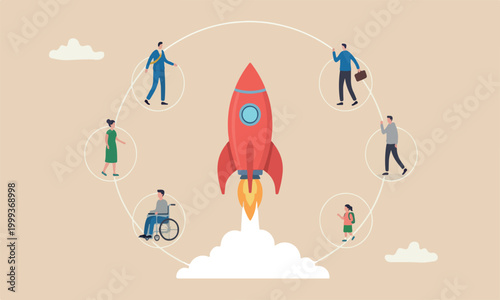 Social in to coronavirus big red rocket outbreak spreading concept, people keep distance away in circle with virus pathogens