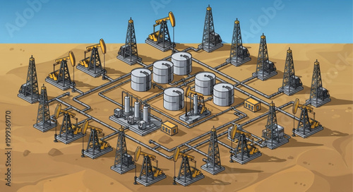 Oil Extraction Site with Drilling Rigs and Storage Tanks.
